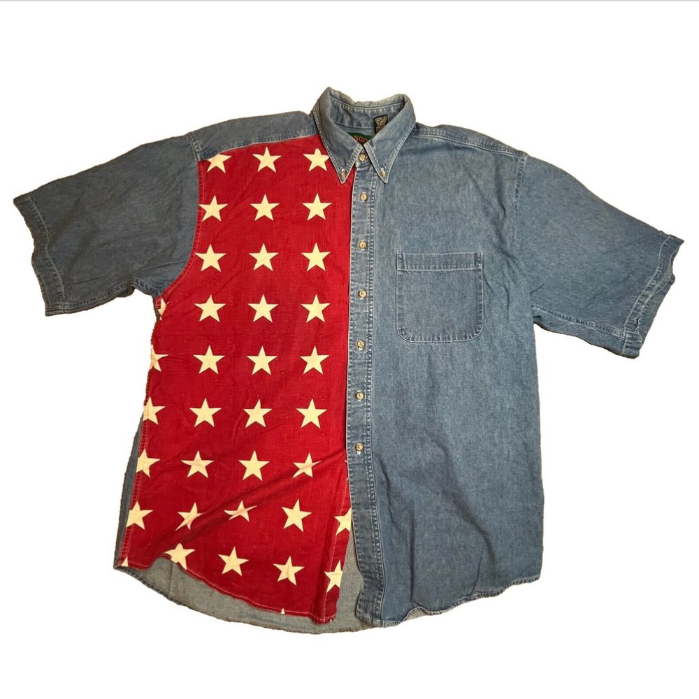 VTG Tango Max Raab American Flag Denim Short Sleeve Shirt Made In USA XL Cotton